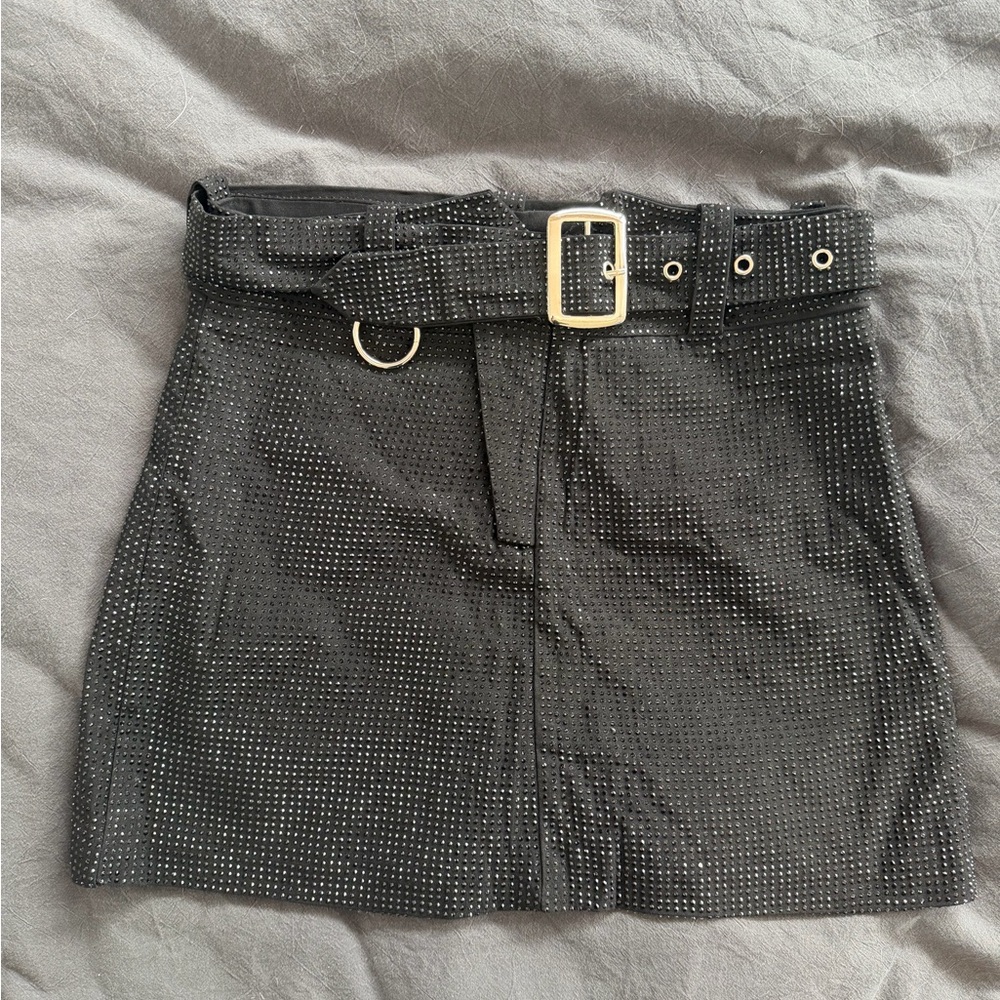 Black Belted Sequin Mini Skirt
